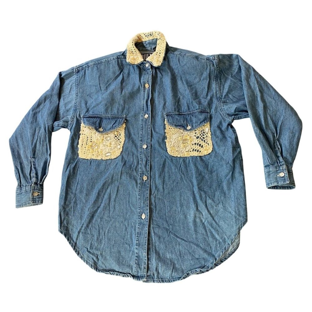 Quizz New York Denim Button Down Lace & Pearl Detail Long Sleeve Small